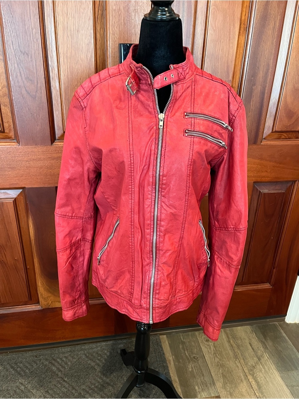 ZARA MAN Moda Sport Moto Red 100% Goat LEATHER JACKET ZIPS L 2710/301/600